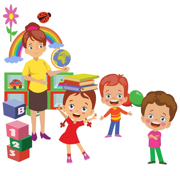 Cute student carrying book on his head play classroom