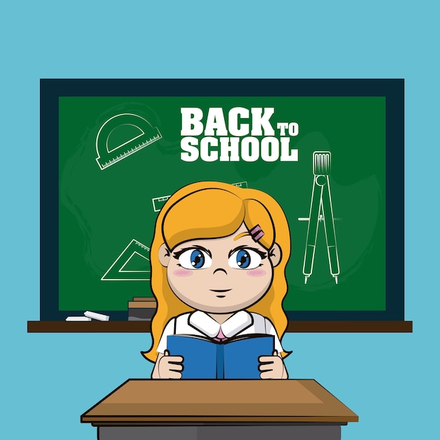 Cute student girl front blackboard back to school cartoons