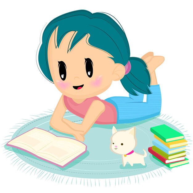 Vector cute student with books and cat