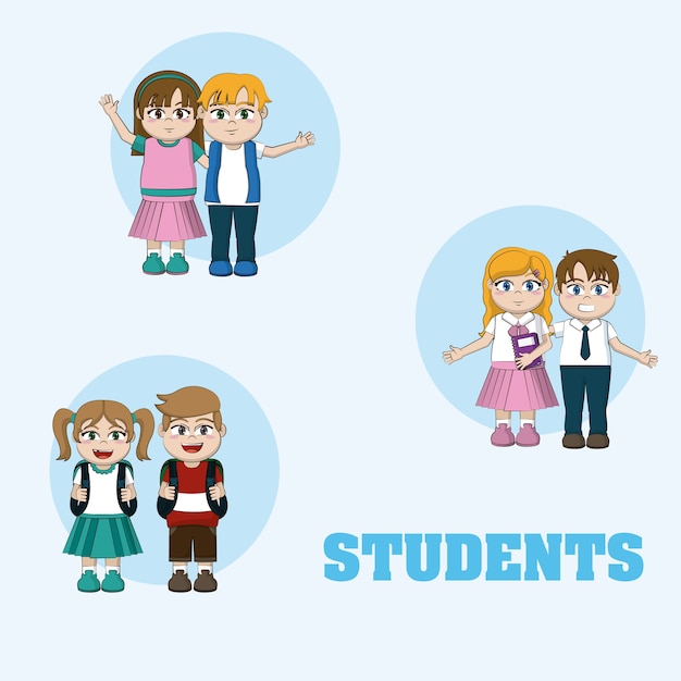 Vector cute students cartoons round icons