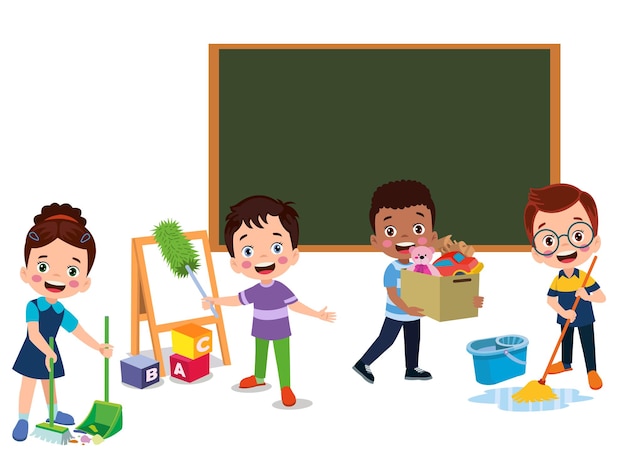 Cute students cleaning classroom at school