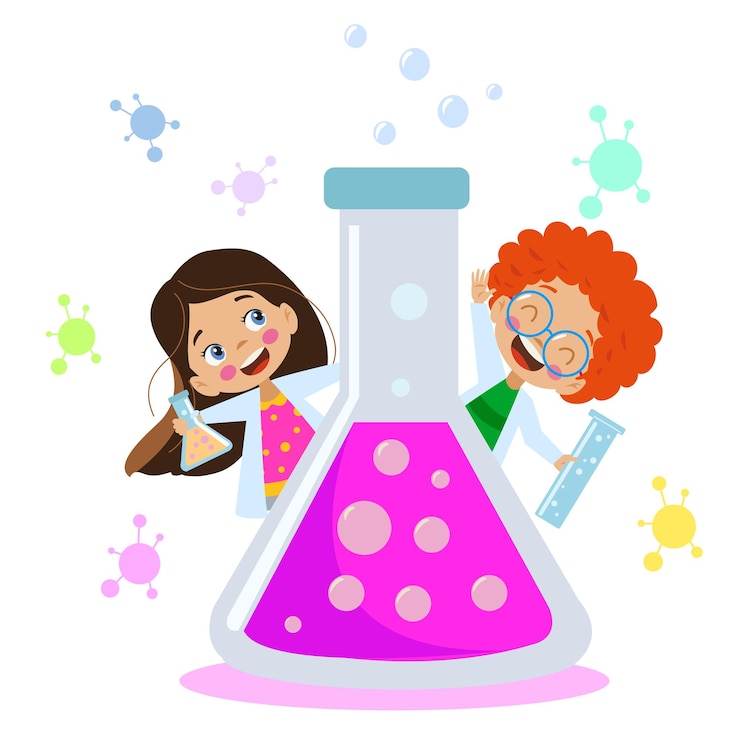 Vector cute students experimenting in lab