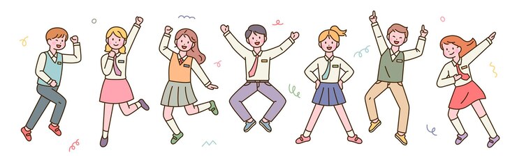 Vector 교복을 입은 귀여운 학생들이 행복하게 점프합니다. 평면 디자인 스타일 벡터 일러스트 레이 션.