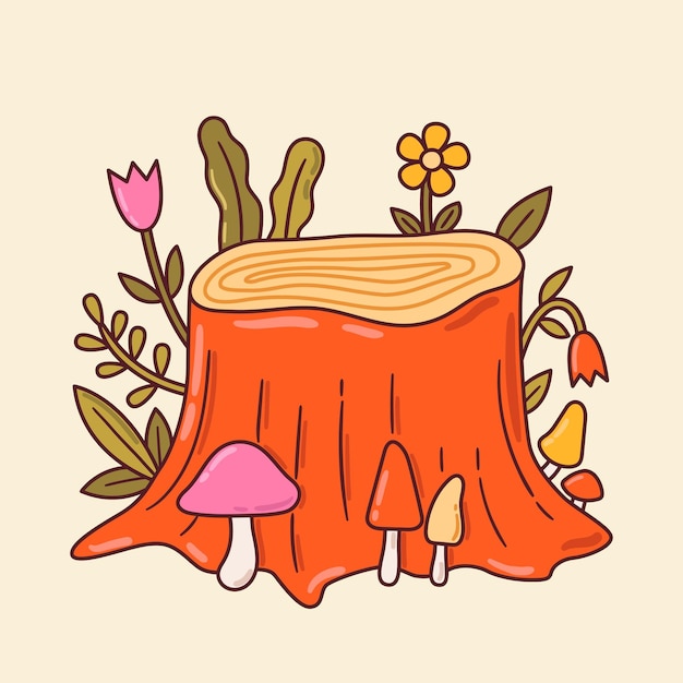 Cute stump with flowers and mushrooms cottagecore and goblincore design fairy forest clipart