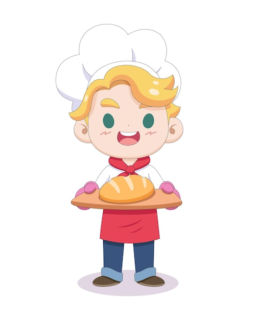 Vector cute style baker chef presenting a bread cartoon illustration