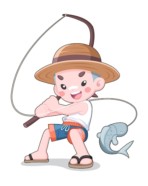 木の棒の漫画で釣りをするかわいいスタイルの日本の少年