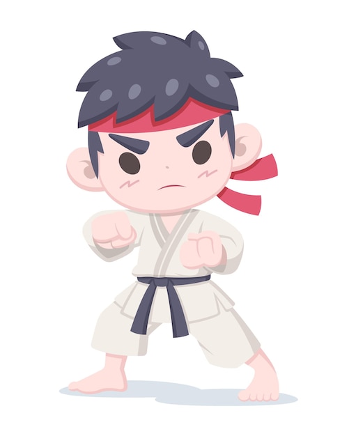 Cute style karate boy in fighting stance cartoon illustration