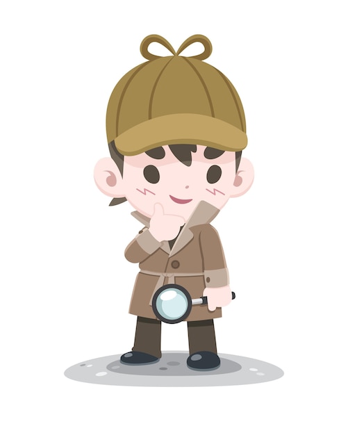 Cute style little confident detective with magnifier cartoon