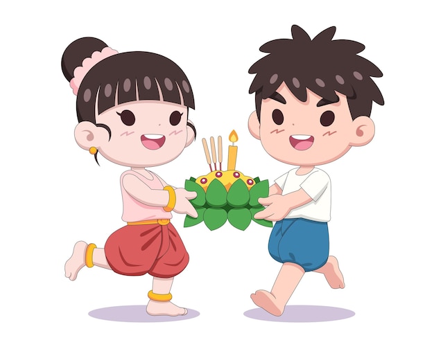 벡터 귀여운 스타일 loy krathong 행복한 태국 소년과 소녀 만화 그림