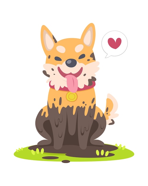Симпатичный стиль грязной счастливой собаки, сидящей на траве