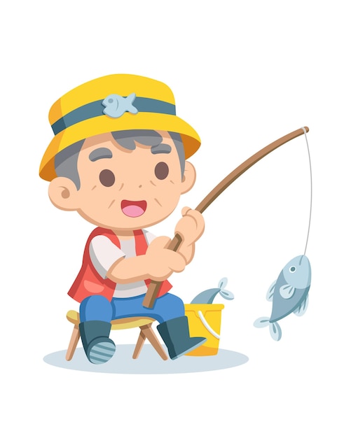 Cute style old fisherman cartoon illustration