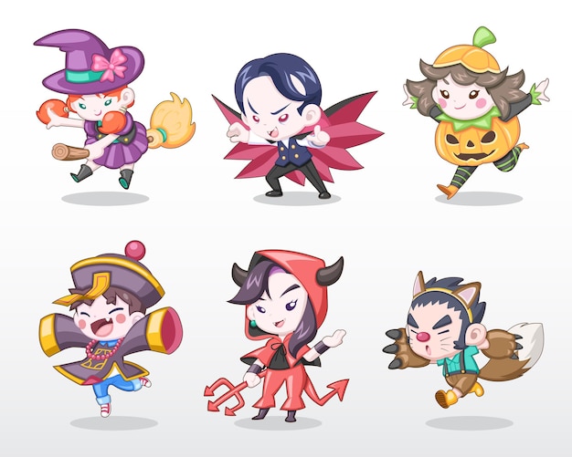 Cute style set of children in Halloween costume