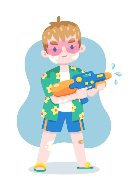 Vector cute style tourist in floral shirt holding water gun cartoon illustration