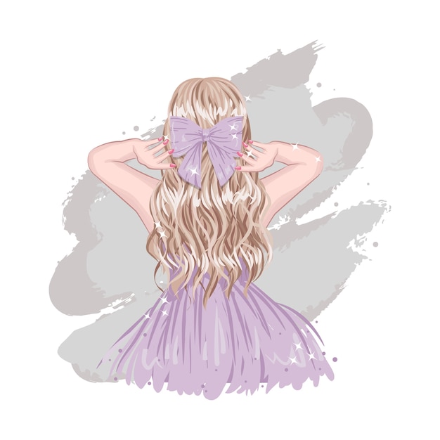 Симпатичная стильная девушка со светлыми волосами сзади гламурная дама в фиолетовой ленте и платье