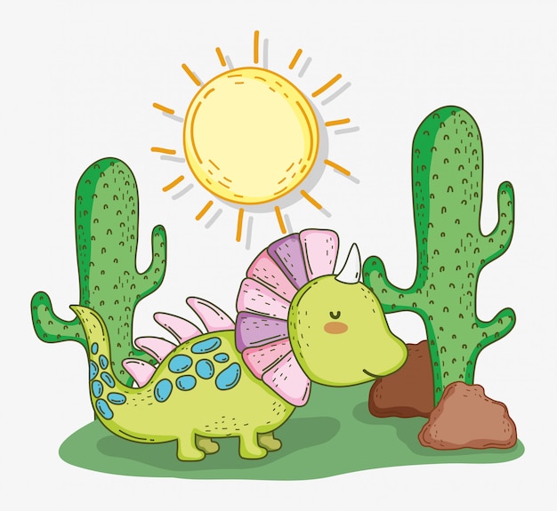 Cute styracosaurus animal with cactus and sun