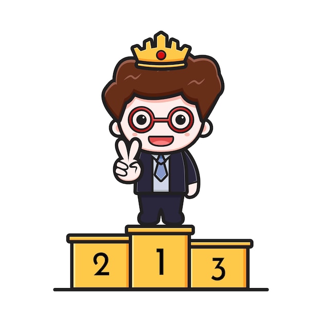 Cute successful businessman on the first podium cartoon vector icon illustration. Design isolated on white. Flat cartoon style.