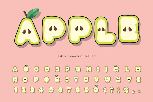 Vector cute summer apple font. cartoon paper cut out alphabet for kids.