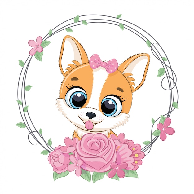 Cute summer baby dog with flower wreath. illustration