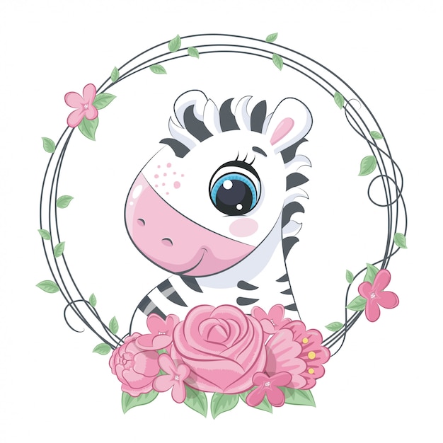 Cute summer baby zebra with flower wreath.   illustration