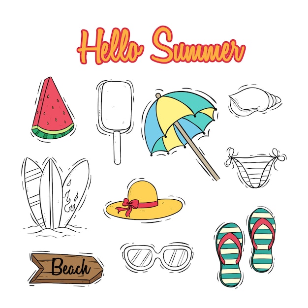 Cute summer icons collection with text and colored doodle style