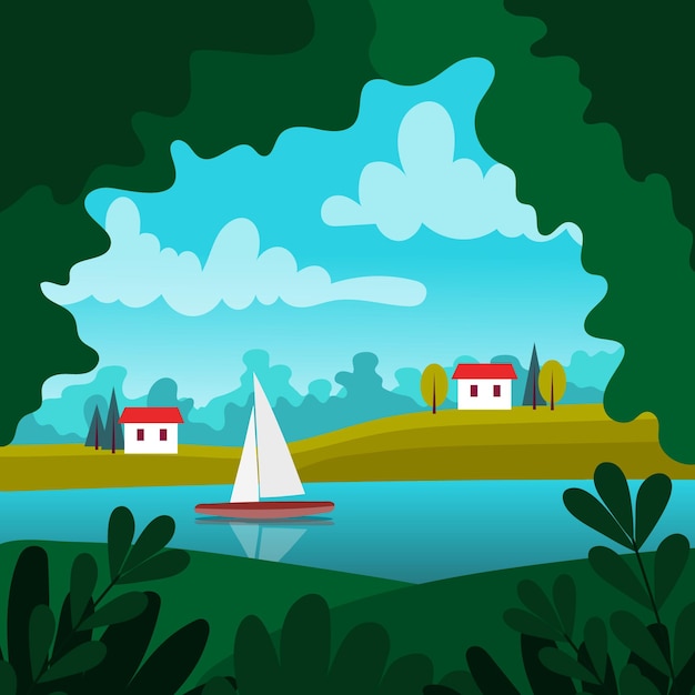 ヨットと川のあるかわいい夏の風景川の小さな家フラットベクトルの概念