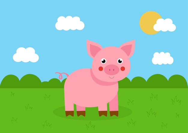 Милый летний пейзаж с мультяшной розовой свиньей