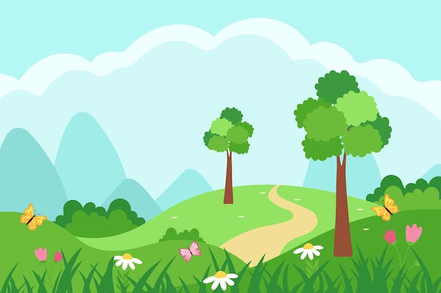 Cute summer landscape with flowers meadow and butterflies