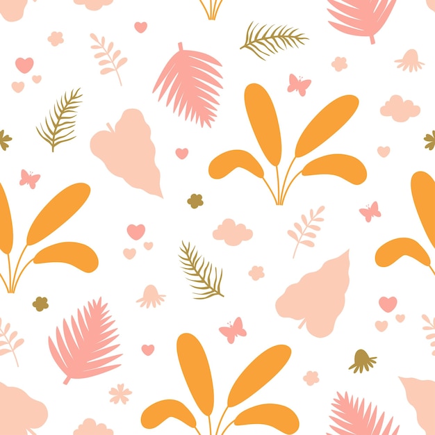 Cute summer pattern with abstract tropical leaves and plants on white background Vector illustration