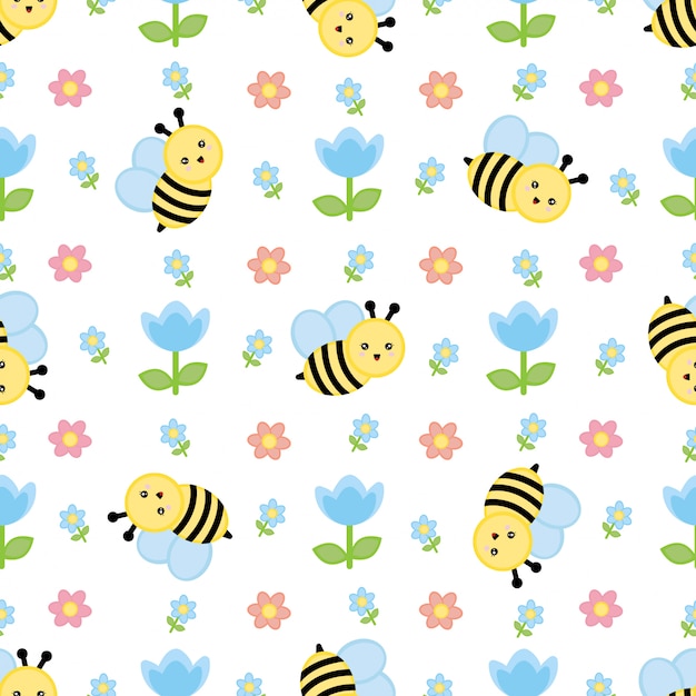 Cute summer pattern with bee and flowers. 