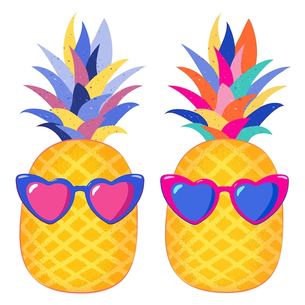 Cute summer pineapple with heart shaped glasses and colorful leaves on a white background Tropical