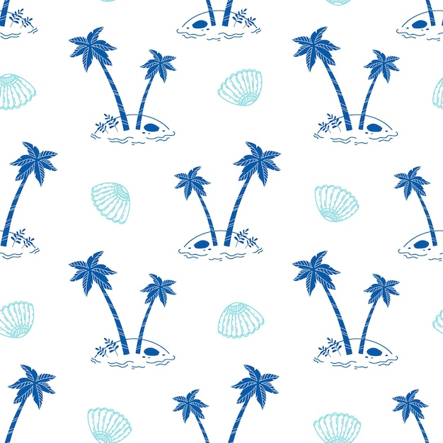 Vector cute summer print with tropical palm trees and seashells silhouettes