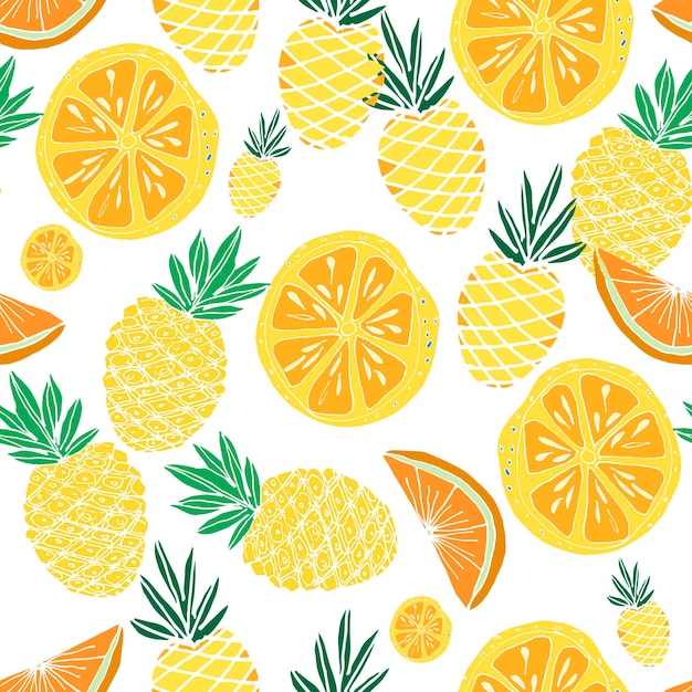 Cute summer seamless pattern Fresh fruits pineapples oranges citrus Colorful bright vector illustration