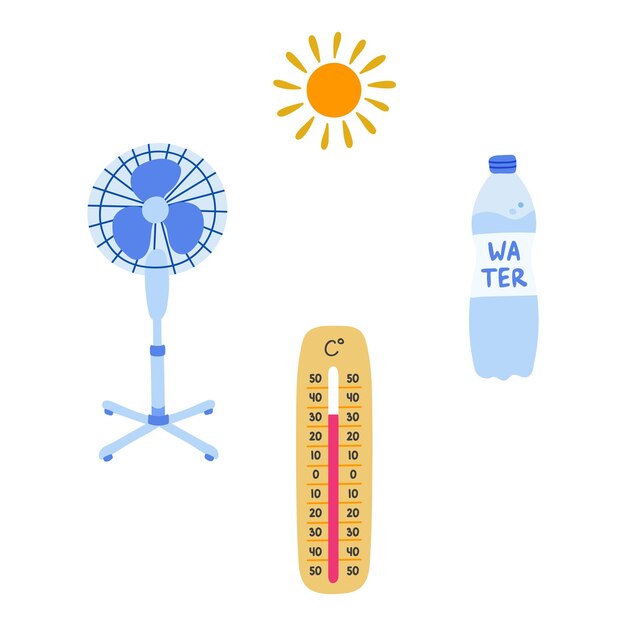 물 선풍기 온도계 태양이 있는 귀여운 여름 세트