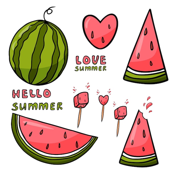 Cute summer set with watermelon watermelon slices and text Cartoon vector illustration EPS10