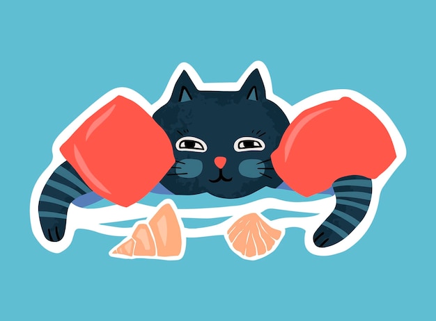 A cute summer sticker a cat in swimming armlets floats on the waves Children's illustration