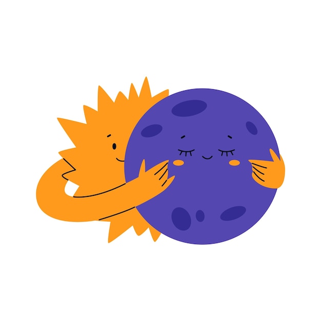 Vector cute sun character hug moon