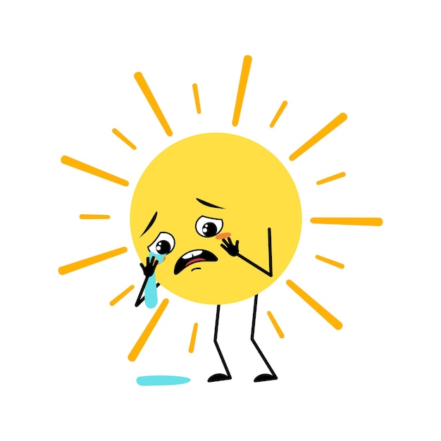 Cute sun character with crying and tears emotion sad face\
depressive eyes arms and legs person with melancholy expression and\
pose vector flat illustration