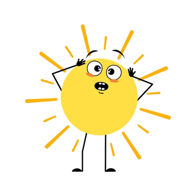 Cute sun character with emotions in panic grabs his head
surprised face shocked eyes arms and legs person with scared
expression and pose vector flat illustration