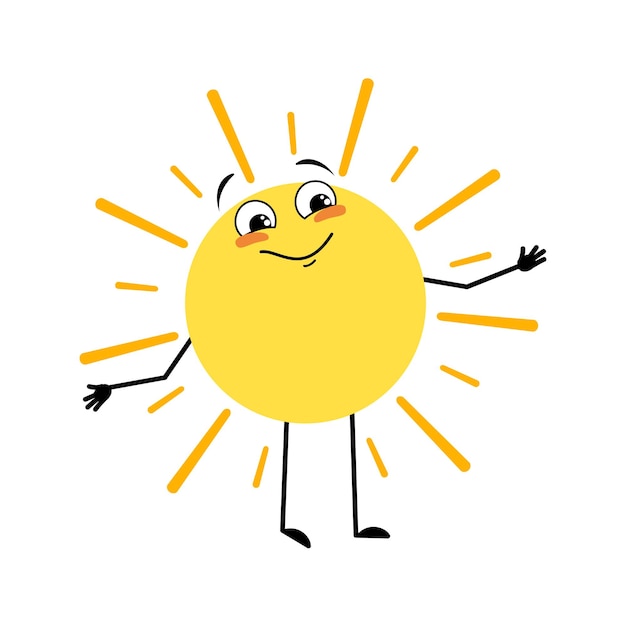 Симпатичный солнечный персонаж со счастливыми эмоциями, радостным лицом, улыбкой, глазами, руками и ногами. Человек с забавным выражением лица и позой. Векторная плоская иллюстрация