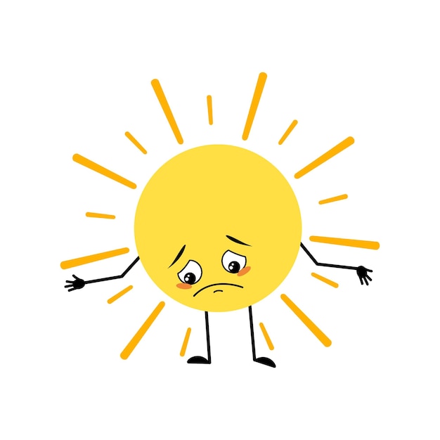 Cute sun character with sad emotions depressed face down eyes\
arms and legs person with melancholy expression and pose vector\
flat illustration