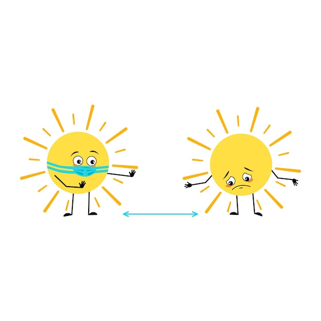 Cute sun character with sad emotions face and mask keep distance arms and legs Person with care expression and pose Vector flat illustration