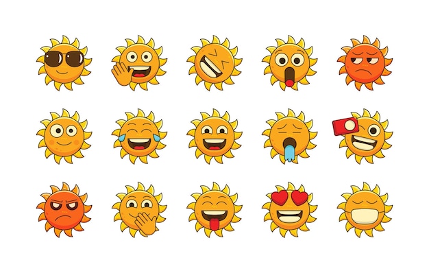 Cute Sun emoji vector set Sun emoticons gezichtsuitdrukking voor sociale post en reactie Sunshine