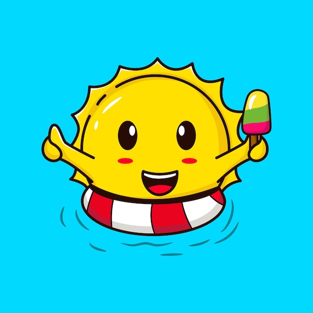 Симпатичное солнце, наслаждающееся мороженым, плавающим в бассейне, иллюстрация Концепция персонажа изолированный вектор премиум