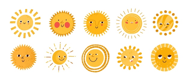 Vector cute sun flat vector illustrations set. yellow childish sunny emoticons collection. smiling sun with sunbeams cartoon character isolated on white background. t shirt print design element.