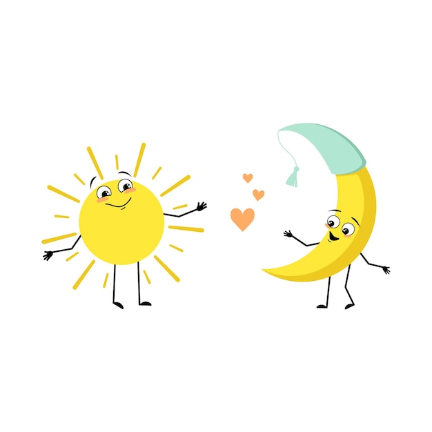 Cute sun and moon character with love emotions happy face smile\
arms and legs person with happy expression and pose vector flat\
illustration