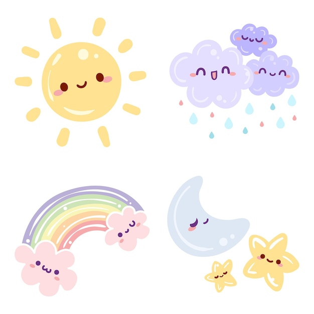 Cute Stamps Cartoon Clouds Moon Sun Rainbow Thunderbolt Stars Icons Stock  Illustration - Download Image Now - iStock