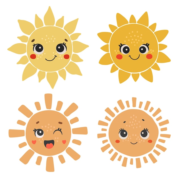 Cute sun set cartoon character Gelukkig zon set vector Zomer zonneschijn met ogen Zon set geïsoleerd