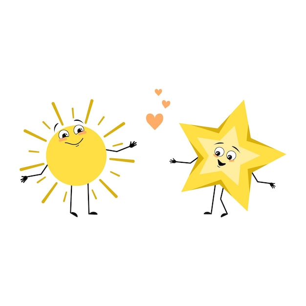 Cute sun and star character with love emotions happy face smile
arms and legs person with happy expression and pose vector flat
illustration