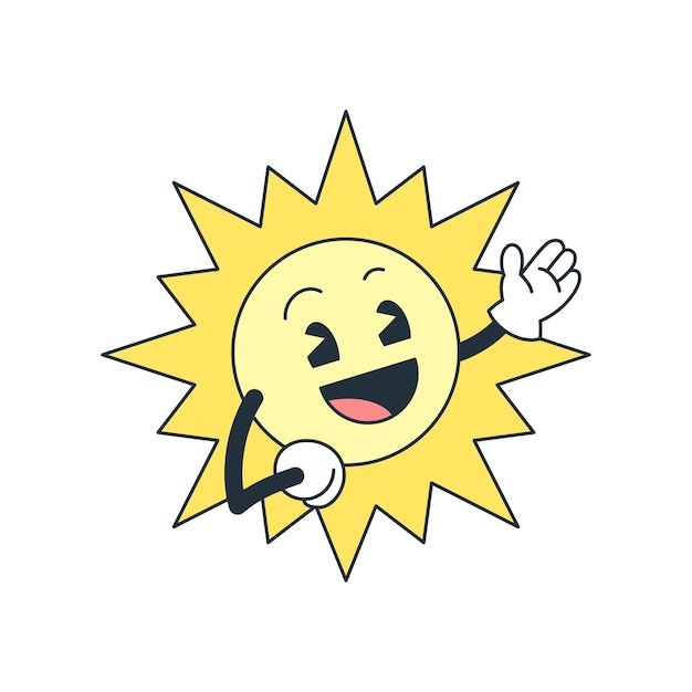 cute sun with bright yellow beams greeting cartoon character comic mascot retro 30s animation style icon vector flat illustration cheerful welcome summer sunny mascot with hands positive emoticon