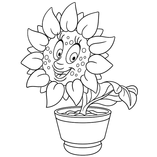 Cute sunflower in pot. Cartoon funny food emoji face. Kids coloring page.